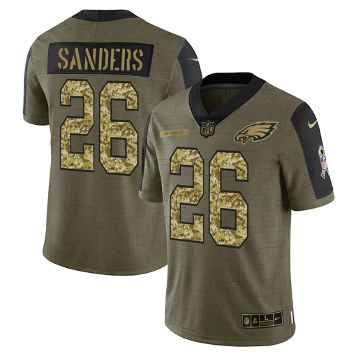 Men's Philadelphia Eagles #26 Miles Sanders 2021 Olive Camo Salute To Service Limited Stitched Jersey